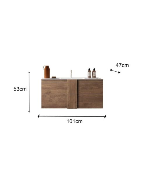 Jessie - Mobile bagno sospeso Mercure in rovere - 2 cassetti + lavabo in ceramica integrato - 101x53x47 cm