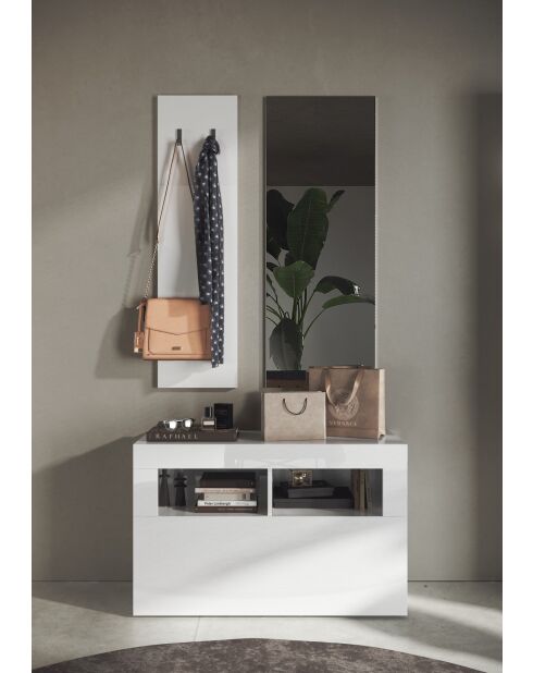 Bari - Set de Meuble d'entrée Laqué Blanc brillant - comprenant 3 pieces : Meuble a chaussure + Miroir + porte manteau - 91x165x36 cm