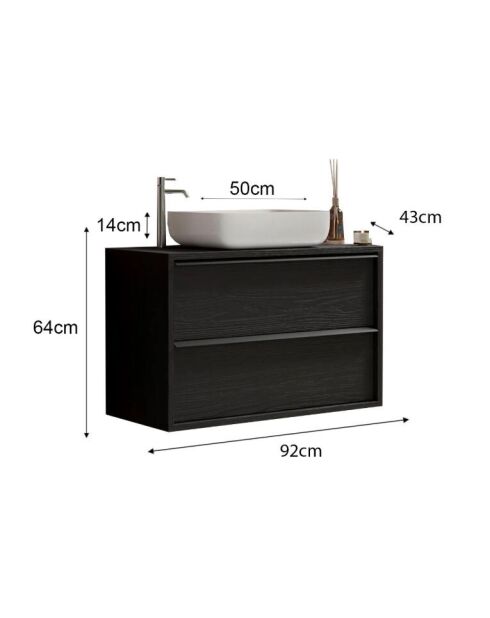 Syracuse - Meuble salle de bain suspendu Frêne Noir - 2 tiroirs + vasque à poser en céramique - 105x64x43 cm