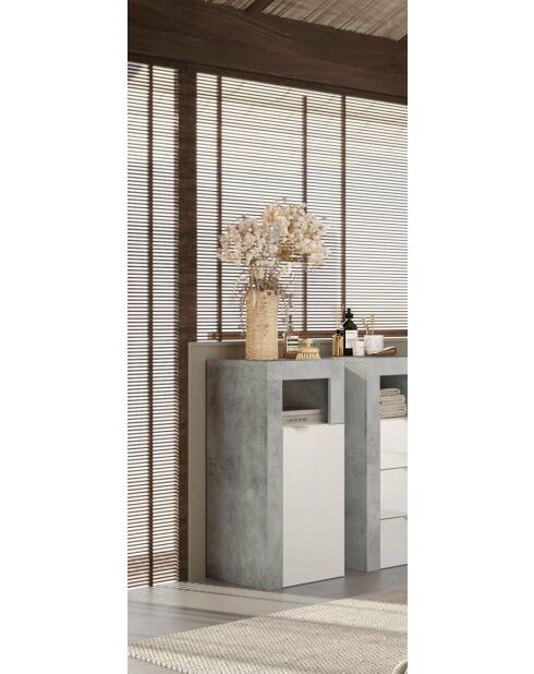 Ancona - Armoire de rangement salle de bain 2 portes + 5 étagères effet béton façade blanc laqué brillant - 65x188x35 cm