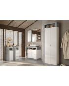 Ancona - Armario de baño con 2 puertas y 5 estantes, efecto hormigón, fachada blanca brillante, efecto hormigón, 65 x 188 x 35 cm