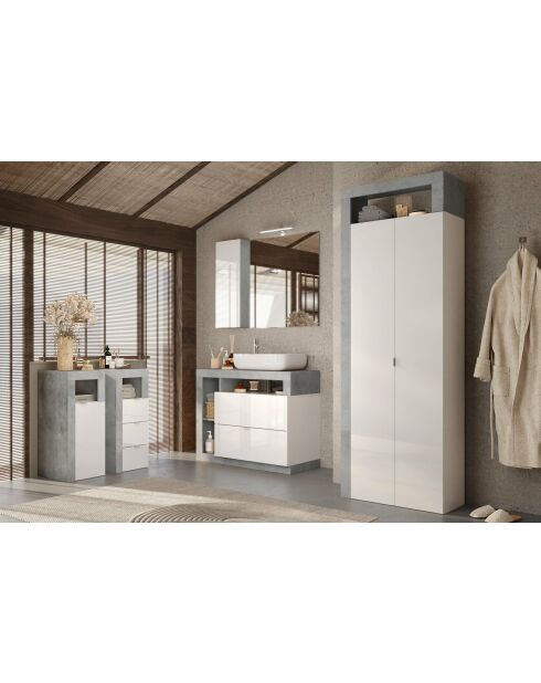 Ancona - Armoire de rangement salle de bain 2 portes + 5 étagères effet béton façade blanc laqué brillant - 65x188x35 cm