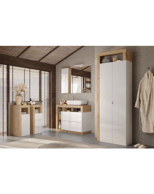 Ancona - Armoire de rangement salle de bain 2 portes + 5 étagères chêne mercure façade cashemire laqué brillant - 65x188x35 cm