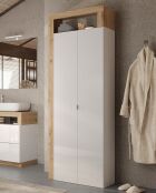 Ancona - Armoire de rangement salle de bain 2 portes + 5 étagères chêne mercure façade cashemire laqué brillant - 65x188x35 cm