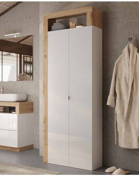 Ancona - Armoire de rangement salle de bain 2 portes + 5 étagères chêne mercure façade cashemire laqué brillant - 65x188x35 cm