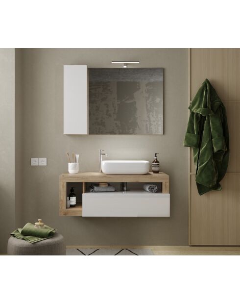 Ancona - Meuble salle de bain suspendu chêne kadiz & laqué brillant - 1 Tiroir + 2 niches + vasque à poser - 110x47x49 cm