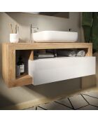 Ancona - Meuble salle de bain suspendu chêne kadiz & laqué brillant - 1 Tiroir + 2 niches + vasque à poser - 110x47x49 cm