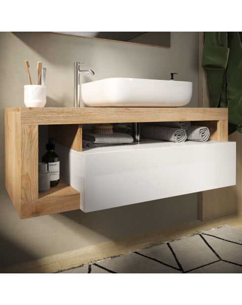 Ancona - Meuble salle de bain suspendu chêne kadiz & laqué brillant - 1 Tiroir + 2 niches + vasque à poser - 110x47x49 cm