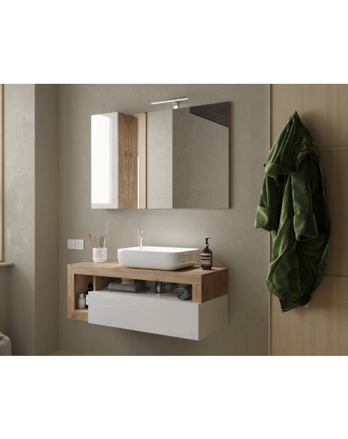 Ancona - Meuble salle de bain suspendu chêne kadiz & laqué brillant - 1 Tiroir + 2 niches + vasque à poser - 110x47x49 cm