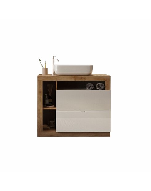 Ancona - Meuble salle de bain sur pieds chêne kadiz & Cachemire laqué brillant - 2 tiroirs + 3 niches + vasque à poser - 79x79x49 cm