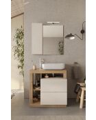 Ancona - Meuble salle de bain sur pieds chêne kadiz & Cachemire laqué brillant - 2 tiroirs + 3 niches + vasque à poser - 79x79x49 cm