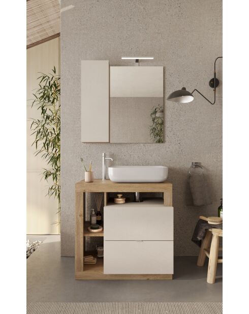Ancona - Meuble salle de bain sur pieds chêne kadiz & Cachemire laqué brillant - 2 tiroirs + 3 niches + vasque à poser - 79x79x49 cm