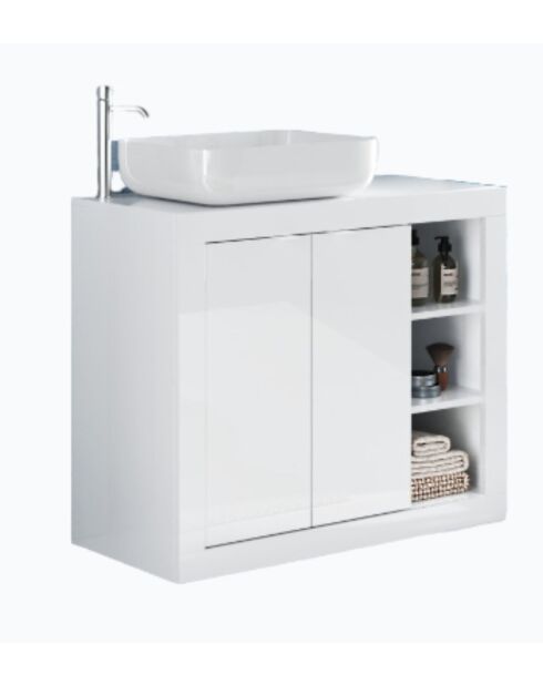 Bari - Mueble de baño con patas lacado blanco brillante - 2 puertas + 3 nichos + lavabo sobre encimera - 110x78x45 cm