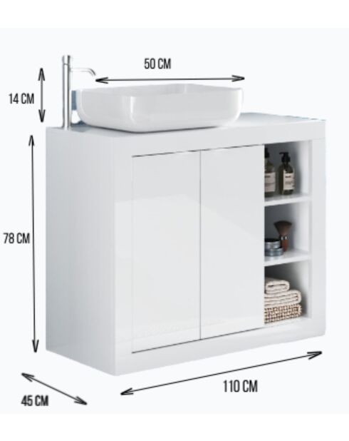 Bari - Mueble de baño con patas lacado blanco brillante - 2 puertas + 3 nichos + lavabo sobre encimera - 110x78x45 cm