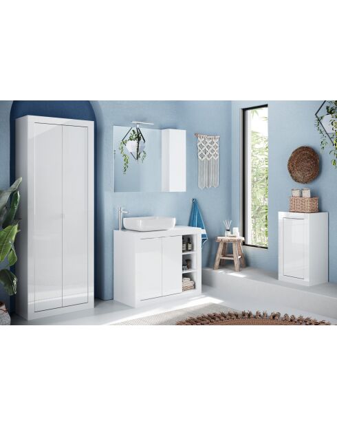 Bari - Mueble de baño con patas lacado blanco brillante - 2 puertas + 3 nichos + lavabo sobre encimera - 110x78x45 cm
