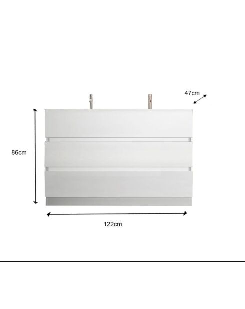 Sienna - Badkamermeubel op glanzend wit gelakte poten - 3 laden + dubbele geïntegreerde keramische wastafel - 122x86x47 cm