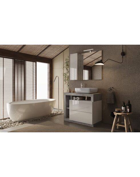 Ancona - Espejo LED con columna integrada, 1 puerta, 30 cm de alto, hormigón y lacado brillante, 92 x 75 x 18 cm