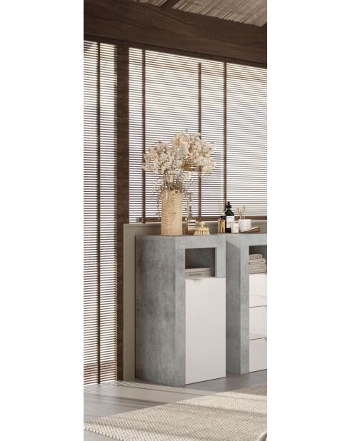 Ancona - Meuble de rangement salle de bain 2 portes effet béton façade blanc laqué brillant - 64x78x35 cm