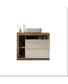 Ancona - Meuble salle de bain sur pieds chêne kadiz & laqué brillant - 2 tiroirs + 3 niches + vasque à poser - 79x79x49 cm