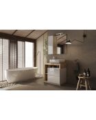 Ancona - Meuble salle de bain sur pieds chêne kadiz & laqué brillant - 2 tiroirs + 3 niches + vasque à poser - 79x79x49 cm