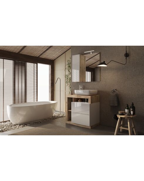Ancona - Meuble salle de bain sur pieds chêne kadiz & laqué brillant - 2 tiroirs + 3 niches + vasque à poser - 79x79x49 cm