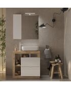 Ancona - Meuble salle de bain sur pieds chêne kadiz & laqué brillant - 2 tiroirs + 3 niches + vasque à poser - 79x79x49 cm