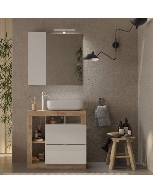 Ancona - Meuble salle de bain sur pieds chêne kadiz & laqué brillant - 2 tiroirs + 3 niches + vasque à poser - 79x79x49 cm