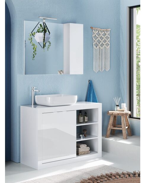 Bari - Mueble de baño con patas lacado blanco brillante - 2 puertas + 3 nichos + lavabo sobre encimera - 92x78x45 cm