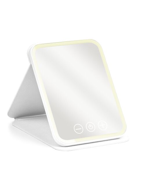 Faltbarer Schminkspiegel mit kalter, normaler und warmer LED-Beleuchtung, einstellbare Intensität. Kompakte Größe.