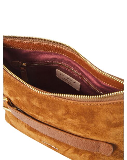 Bolso de hombro Gretel de gamuza PU y gamuza coñac - 25x19x10 cm