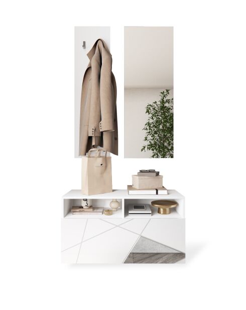 Villarica - Set de Meuble d'entrée laqué brillant blanc serigraphie & Miroir - 3 pieces