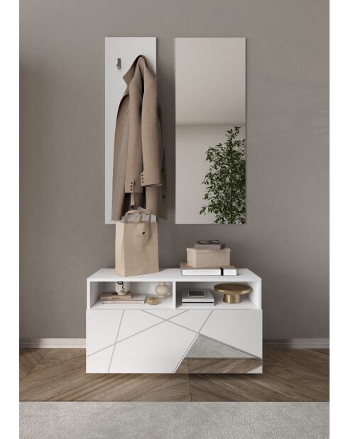 Villarica - Set de Meuble d'entrée laqué brillant blanc serigraphie & Miroir - 3 pieces