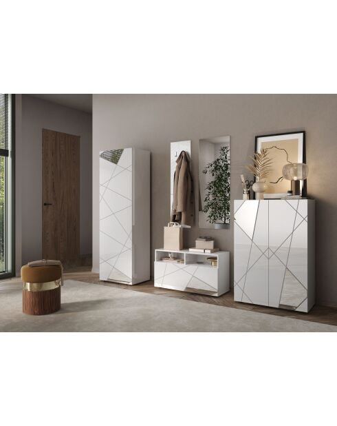 Villarica - Set de Meuble d'entrée laqué brillant blanc serigraphie & Miroir - 3 pieces