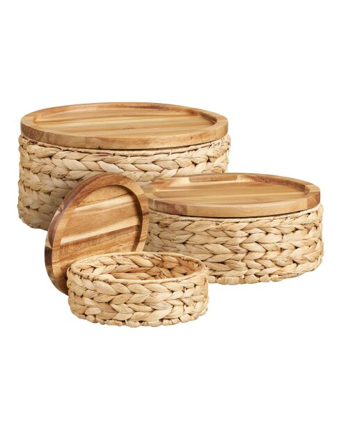 3 cestas con tapa de madera, jacinto de agua natural