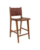 Silla de mostrador Perugia de piel marrón con patas de teca - 45,5x46x95 cm