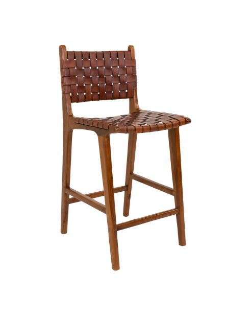 Chaise de comptoir Perugia en cuir marron pieds en teck - 45.5x46x95 cm