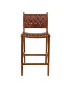 Silla de mostrador Perugia de piel marrón con patas de teca - 45,5x46x95 cm