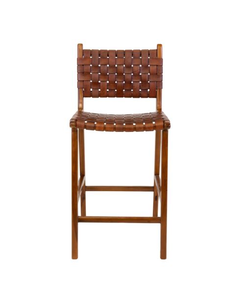 Chaise de comptoir Perugia en cuir marron pieds en teck - 45.5x46x95 cm