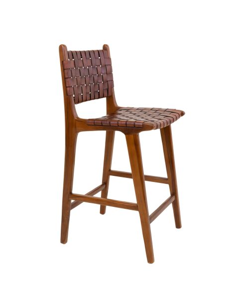 Chaise de comptoir Perugia en cuir marron pieds en teck - 45.5x46x95 cm