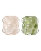 2 beige/grüne Glaskerzenhalter