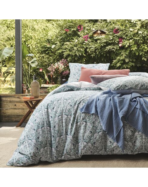 Impérial - Parure de lit housse de couette + taies rectangles en percale de coton bleu