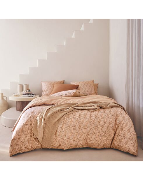 Hypnos - Parure de lit imprimée en percale de coton, taies carrées beige