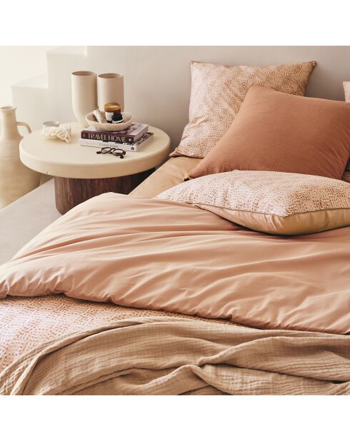 Hypnos - Parure de lit imprimée en percale de coton, taies rectangles beige