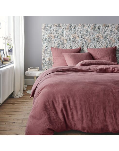 Tendresse - Parure de lit housse de couette + taie rectangle en gaze de coton lavée rose canyon