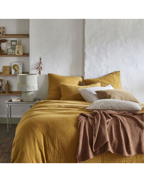 Tendresse - Taie d'oreiller unie en gaze de coton lavée jaune camel