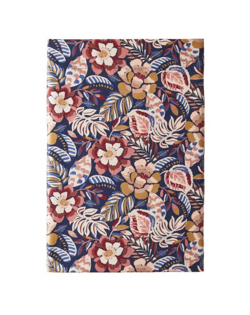 Folk Flowers - Drap plat imprimé en satin de coton bleu