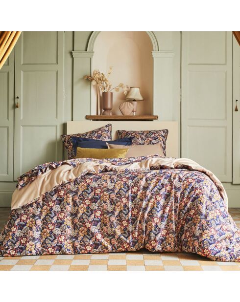 Folk Flowers - Drap plat imprimé en satin de coton bleu