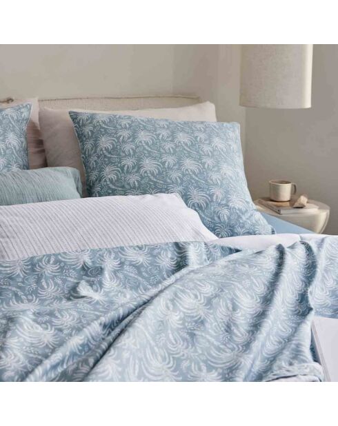 Palma - Parure de lit imprimée en percale de coton, taies carrées bleu