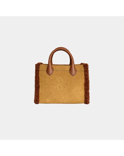 Ana Velvet Tabac tas van leer en schapenvacht - 31 x 13,5 cm