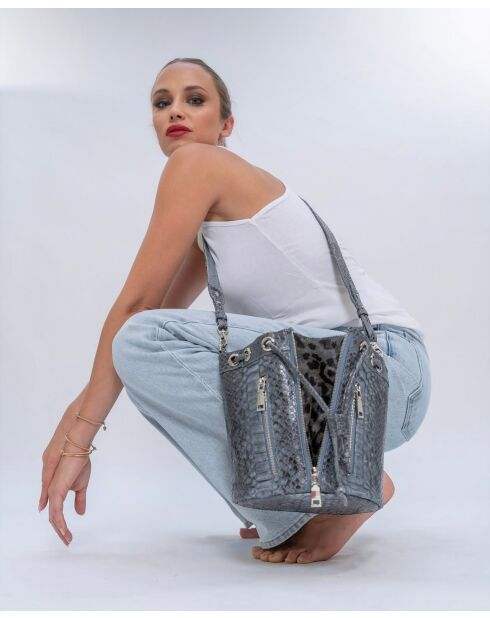 Donkergrijze pythontas amberkleurige ritssluiting - 22 x 20 cm